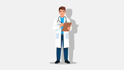 Illustration of a professional medical doctor holding a clipboard and wearing a white coat with
