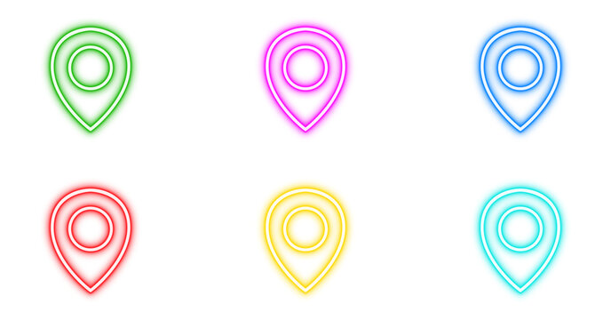 Neon location marker icon vector set. Bright glowing GPS navigation pointer symbols in vibrant pink, blue, red, green, and yellow colors.