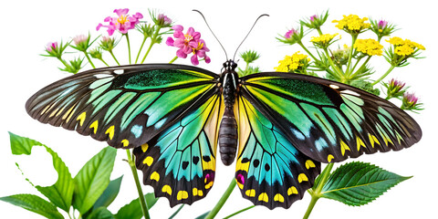 Vibrant green and blue butterfly with yellow spots on pink and yellow flowers