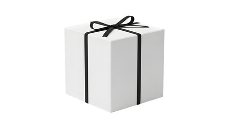 A white gift box with a black ribbon tied in a bow