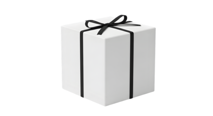 A white gift box with a black ribbon tied in a bow