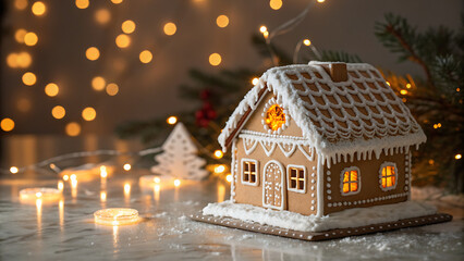 Gingerbread house with glowing christmas lights and candles