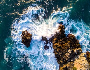 Aerial view of ocean waves crashing against rocky coastline