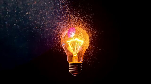 Glowing Light Bulb Exploding with Bright Orange Particles and Sparks on Dark Background