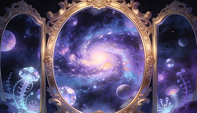 Magical fantasy triptych mirror showcases swirling purple galaxy and ethereal crystal jellyfish, ornate frame.