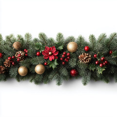Christmas garland with green pine branches, bright red berries, large green holly leaves, pine cones, red poinsettia flower.