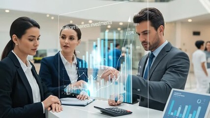 Business professionals analyzing financial data with futuristic holographic charts. - Powered by Adobe
