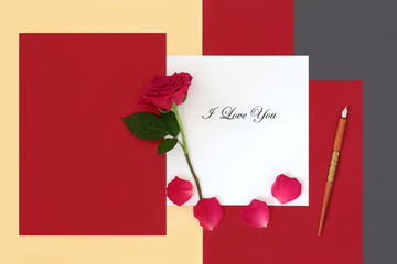 I love you letter, red rose flower, petals, old nib pen for Valentines Day on geometric background. Valentine design for old fashioned handwritten note. Phrase.