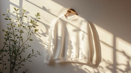 White Sweatshirt Hanging on Wall with Shadow of Plant
