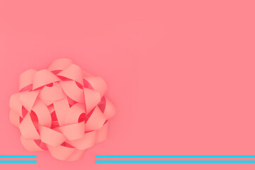 Pink ribbon bow decoration for birthday, anniversary, baby birth gift box, greeting card, gift tag, label on pink background. Copy space. Giving celebration concept.