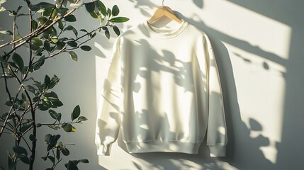 White Sweatshirt Hanging on Wall with Shadow of Plant