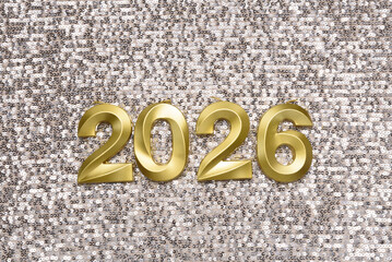 Luxury New Year 2026 background with golden numbers on sparkling silver sequin backdrop. Elegant festive design with glitter texture, perfect for greeting cards,