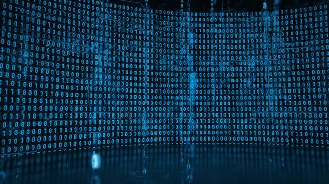 Abstract digital data stream in blue binary code flowing in a futuristic digital environment