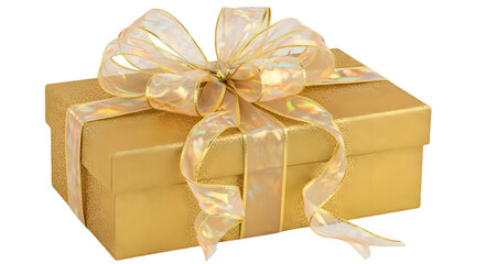 A gold gift box with a large ribbon bow on top