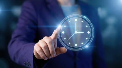 A finger touching a glowing 24/7 service clock interface showing always on customer assistance and 24/7 continuous support service