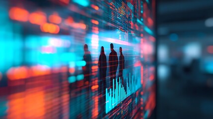 A futuristic digital scene featuring silhouettes of people against a backdrop of vibrant data visualizations and coding elements.