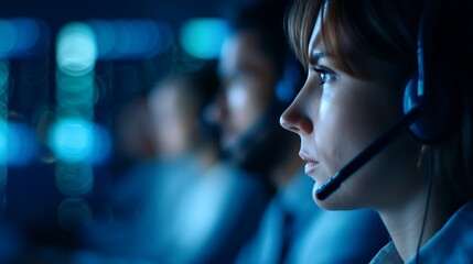 A focused individual wearing a headset works in a dimly lit environment, highlighting concentration and communication in a professional setting.