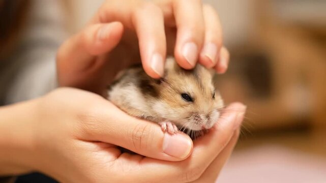 Close-up of a person's gentle hands carefully holding a small, cute pet hamster, showcasing the bond between human and animal