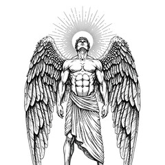 A powerful muscular male angel with large detailed feathered wings and a radiant halo looking up.