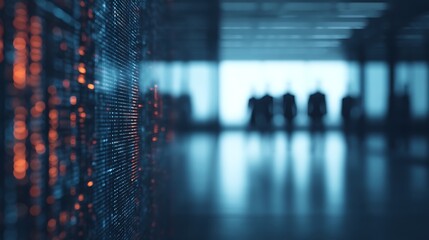 A blurred interior scene featuring silhouettes of people against a backdrop of glowing digital data, suggesting a tech-oriented environment.