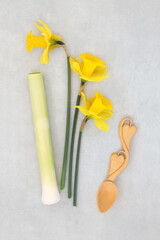Traditional Welsh national symbols of heart love spoon, daffodil flowers and leek on mottled gray background. Celtic Cymru emblems for Wales St Davids Day.