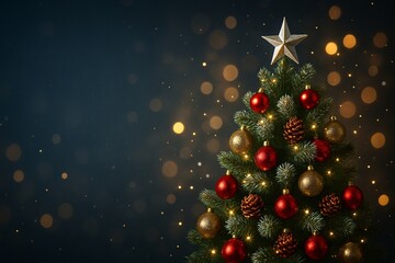 Christmas tree decoration on dark blue bokeh background for premium New Year greeting and corporate holiday design