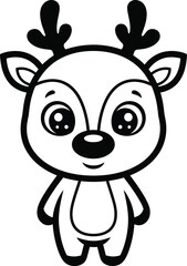 Fototapeta premium Adorable black and white cartoon baby reindeer with large sparkling eyes and small antlers.