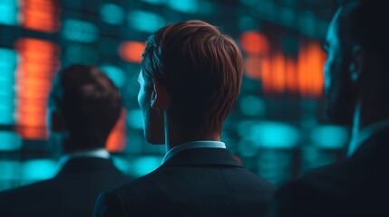 A group of professionals observing a digital stock market display, highlighting financial trends and active trading.