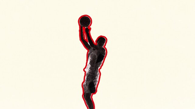 Creative video ad. Basketball player reaching toward hoop for dunk outlined in red on minimal background. Concept of achievement, peak performance, confidence building, and sports branding visuals.