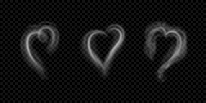 Smoke in heart shape set. Vector white steam with transparency, hot coffee fragrance effect