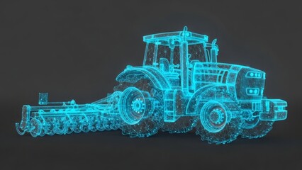 Futuristic Farming Glowing Blue Tractor on Dark Backdrop.