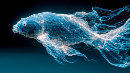 Glowing Blue Data Fish Composed of Flowing Light Lines. Digital Ocean, Science Technology, Future Concept.