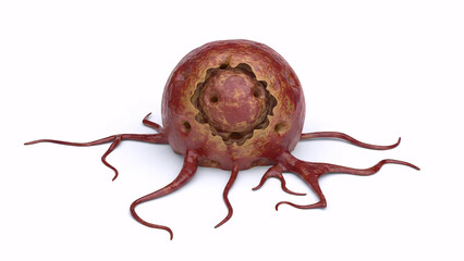 Microscopic 3D illustration of cancer cell, virus or bacteria isolated on white background