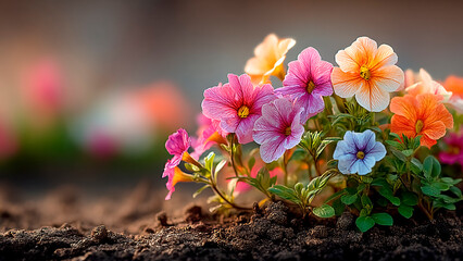 Colorful Calibrachoa Petunia Flowers Blooming in Sunlight. Vibrant Blossom, Floral Background, Springtime Nature.