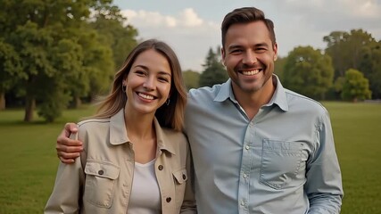 Romantic couple smiling and embracing during a walk in the park, enjoying a peaceful day together, perfect for lifestyle and relationship themes