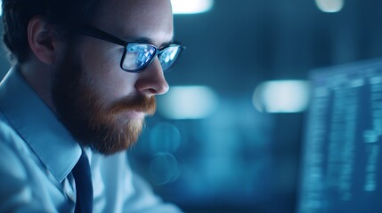 A focused man with a beard and glasses works intently on a computer screen, illuminated by soft blue lighting.