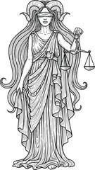 Blindfolded goddess with ram horns and flowing hair holding the scales of justice a line art illustration of an AriesLibra hybrid figure.