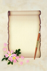 Love letter design for handwritten message with pink rose flower, nib pen on paper scroll on parchment. Retro style theme for Valentines or wedding invitation.  