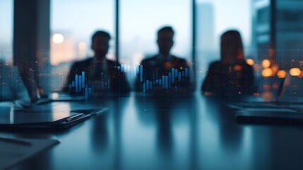 A blurred meeting scene with three silhouettes against a cityscape, featuring financial data graphics overlaying a boardroom table.