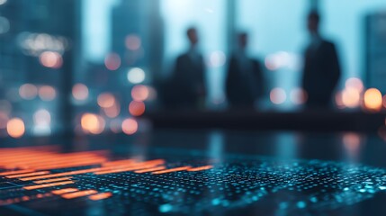 A blurred cityscape with silhouettes of people in suits, focusing on a digital interface displaying data, suggests themes of business and technology.