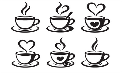 Collection of Coffee and Tea Cup Icons with Steam and Heart Motifs Vector Graphic Set