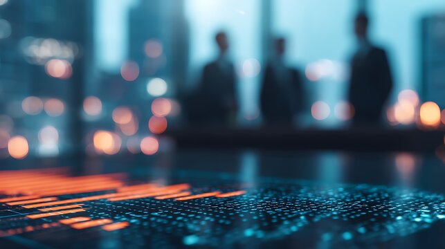 A blurred cityscape with silhouettes of people in suits, focusing on a digital interface displaying data, suggests themes of business and technology. - Powered by Adobe