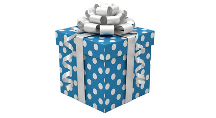 A blue and white gift box with a ribbon