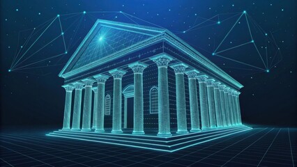 Futuristic digital building with glowing blue columns and roof