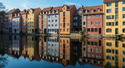 Naklejka premium Historic northern European waterway featuring vibrant colorful architecture reflecting on calm blue canal water during bright daytime light ,winter ,ancient ,canal