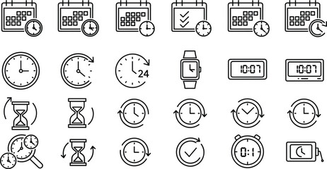 Assortment of time and calendar icons with circular arrows and digital displays Keywords: calendar, date, schedule, planner