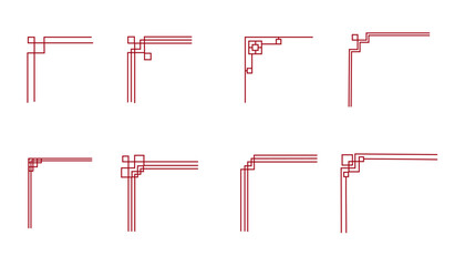 Korean traditional line borders set with knot corners ornament. Collection festive asian frame corners. Traditional Asian pattern for decoration of banners, holiday cards and Asian culture products © Alyona