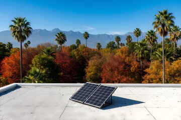 autumn landscape, palm trees, solar panel, mountains in background, desert scenery, vibrant colors, architectural elements, modern design, natural environment, outdoor setting

