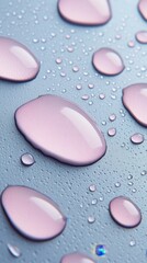 A close up of a surface with many small pink droplets of water. The droplets are scattered all over the surface, creating a sense of movement and fluidity. The image evokes a feeling of tranquility