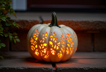 A single, elegantly carved white pumpkin with intricate lace-like patterns, glowing from within on a porch step.